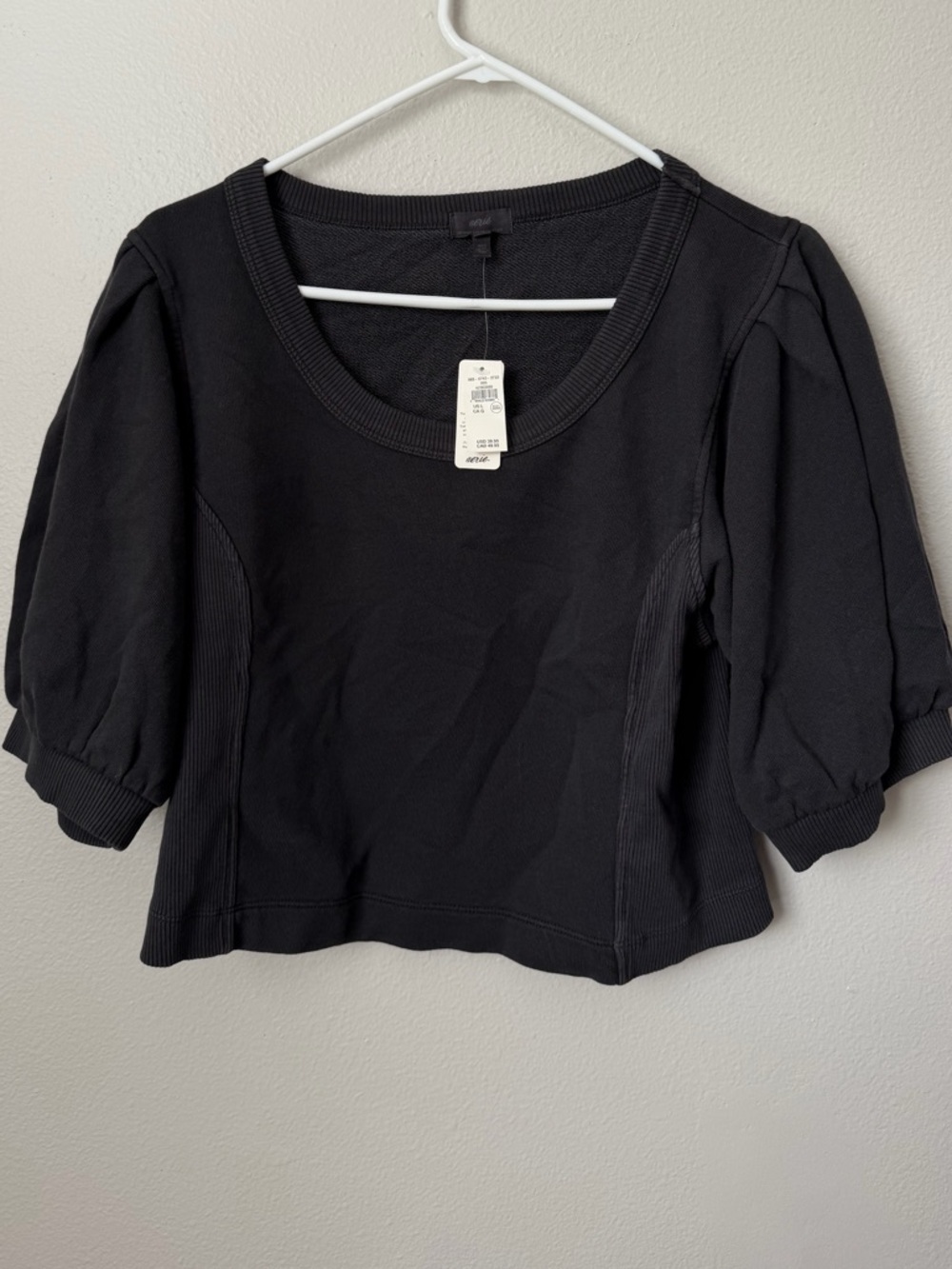Aerie Seams Right Short Sleeve Sweatshirt Charcoal Puff Sleeve Crop Ribbed L NWT - Picture 2 of 6